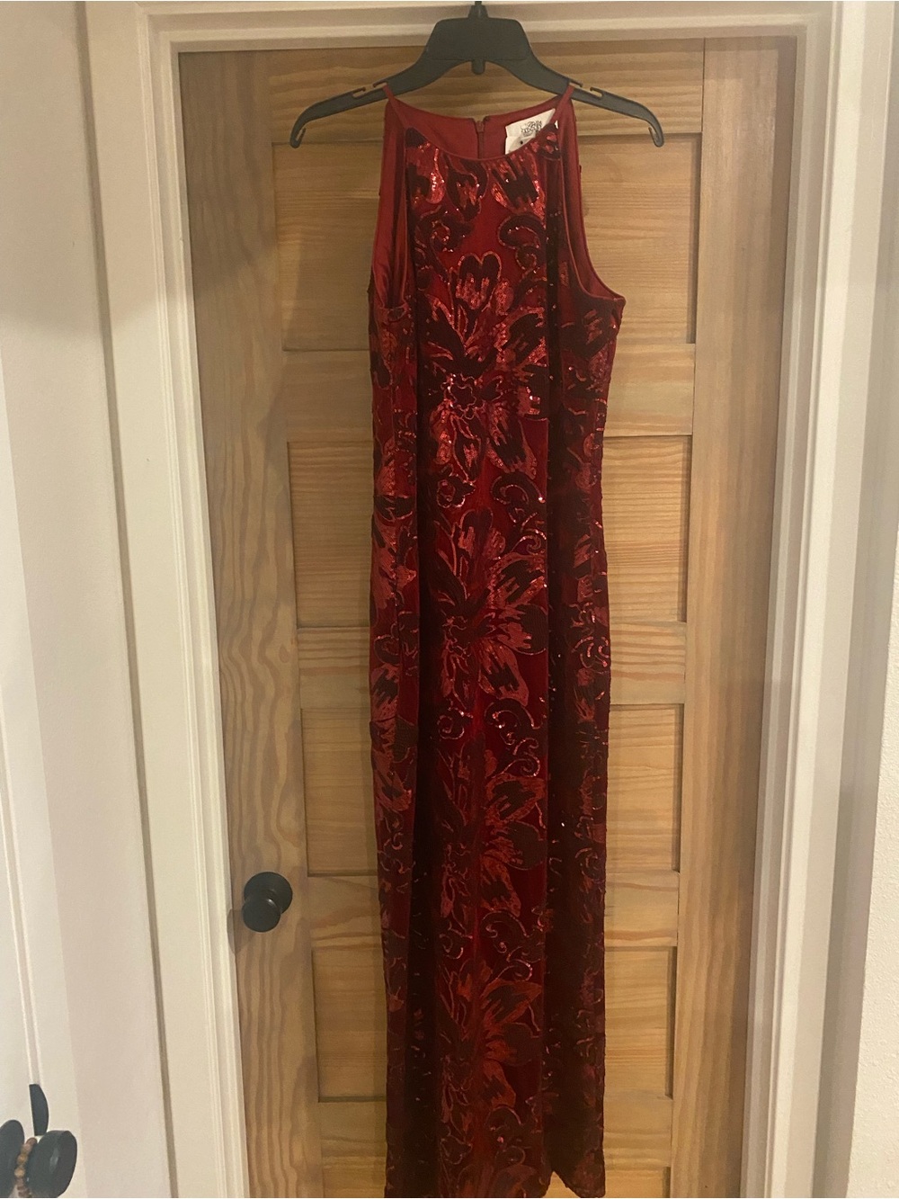 Badgley Mischka Red Velvet Burnout Maxi Gown